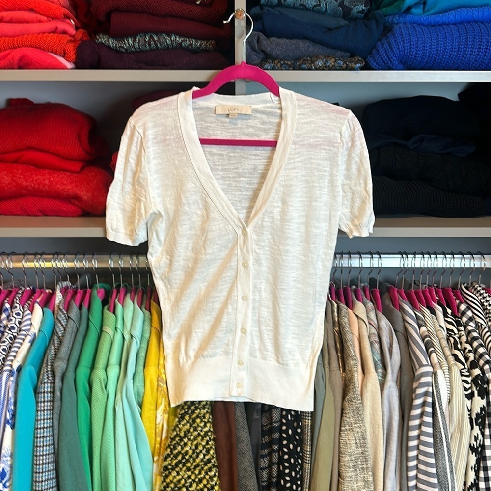 Loft white short sleeve v neck button front cardigan size XS
